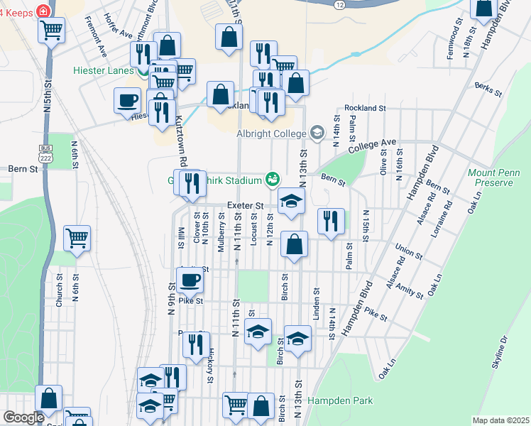 map of restaurants, bars, coffee shops, grocery stores, and more near 1626 N 12th St in Reading