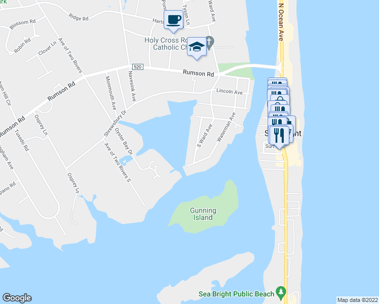 map of restaurants, bars, coffee shops, grocery stores, and more near 32 Warren Street in Rumson