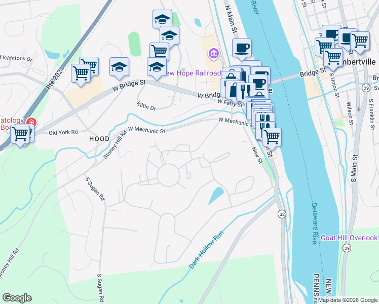map of restaurants, bars, coffee shops, grocery stores, and more near Oscar Hammerstein Way in New Hope