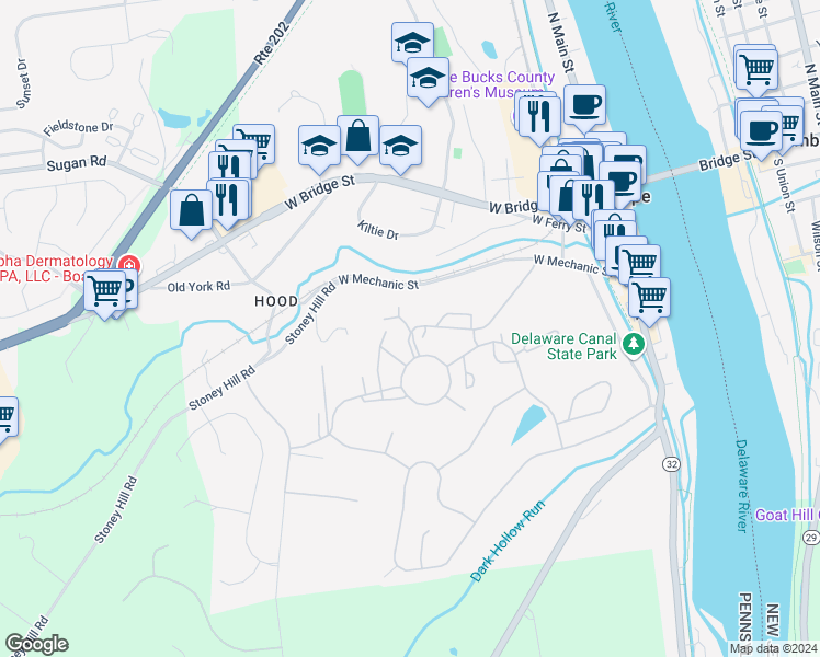 map of restaurants, bars, coffee shops, grocery stores, and more near 42 Riverhill in New Hope