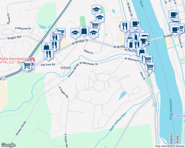 map of restaurants, bars, coffee shops, grocery stores, and more near 42 Riverhill in New Hope