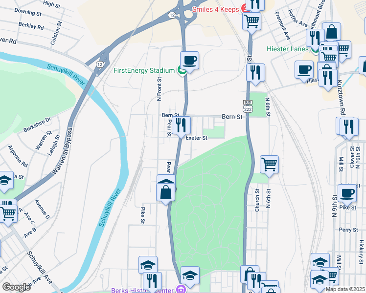 map of restaurants, bars, coffee shops, grocery stores, and more near 1635 Centre Avenue in Reading
