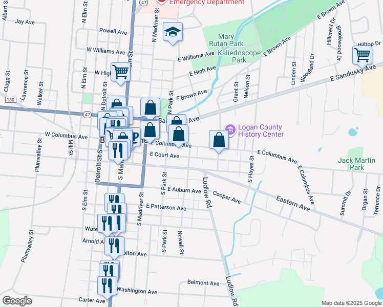 map of restaurants, bars, coffee shops, grocery stores, and more near 400 East Columbus Avenue in Bellefontaine
