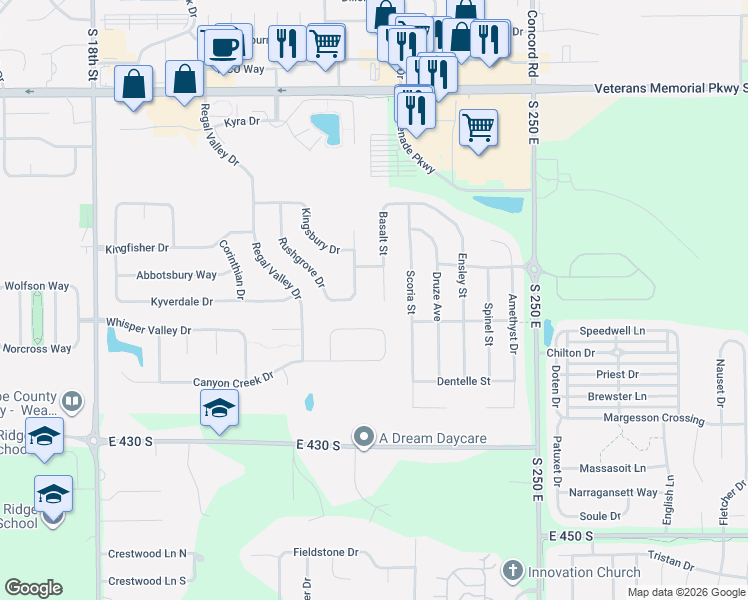 map of restaurants, bars, coffee shops, grocery stores, and more near 9 Rushgrove Court in Lafayette