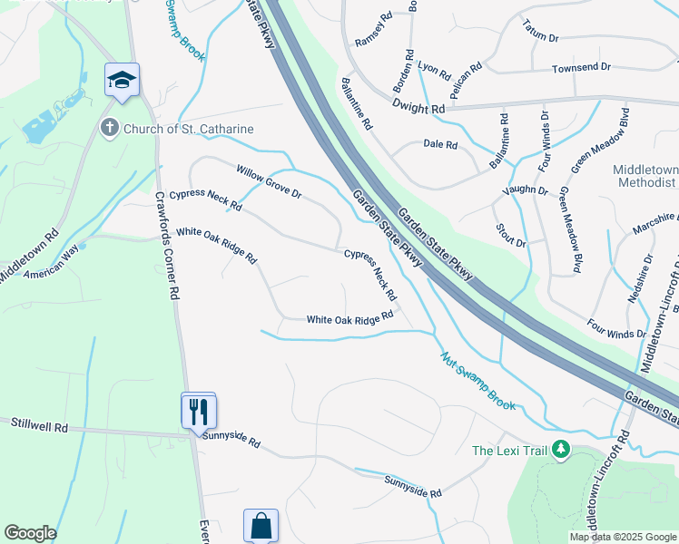 map of restaurants, bars, coffee shops, grocery stores, and more near 6 Chestnut Hill Lane in Middletown Township