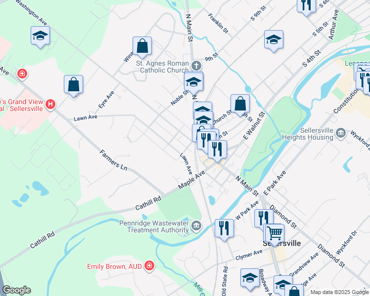 map of restaurants, bars, coffee shops, grocery stores, and more near 121 West Church Street in Sellersville