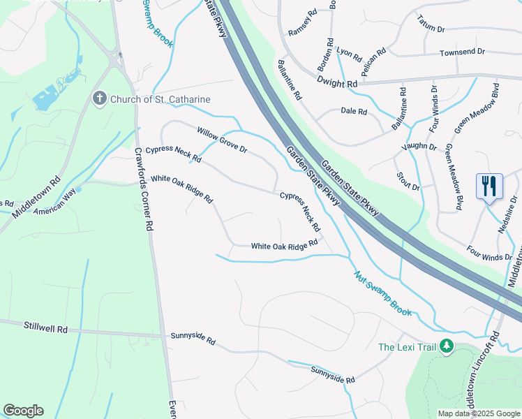map of restaurants, bars, coffee shops, grocery stores, and more near 6 Chestnut Hill Lane in Lincroft