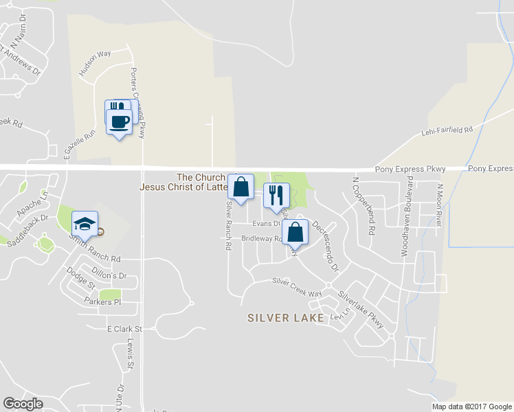 map of restaurants, bars, coffee shops, grocery stores, and more near 7881 North Cedar Crest Road in Eagle Mountain