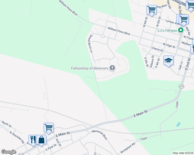 map of restaurants, bars, coffee shops, grocery stores, and more near 194 Rosebush Court in Womelsdorf