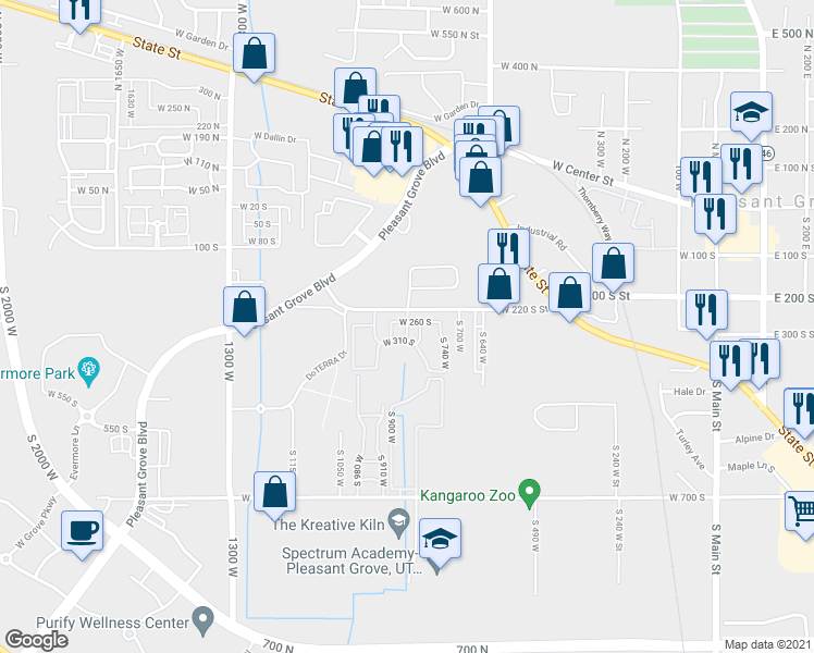 map of restaurants, bars, coffee shops, grocery stores, and more near 164 South 840 West in Pleasant Grove