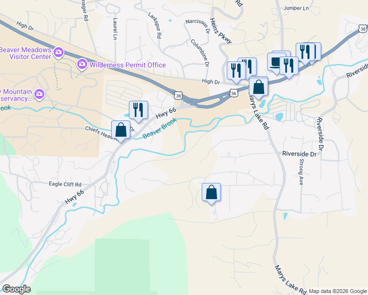 map of restaurants, bars, coffee shops, grocery stores, and more near 1475 Lower Broadview Road in Estes Park