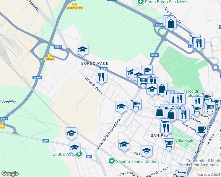 map of restaurants, bars, coffee shops, grocery stores, and more near 25 Via Enzo Estrafallaces in Lecce