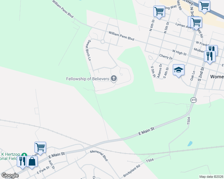 map of restaurants, bars, coffee shops, grocery stores, and more near 113 Rosebush Court in Womelsdorf