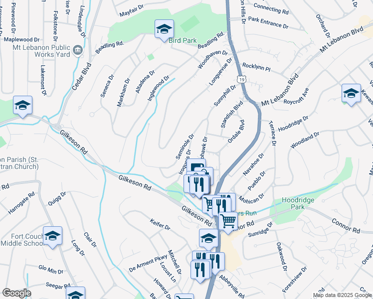 map of restaurants, bars, coffee shops, grocery stores, and more near 174 Seminole Drive in Pittsburgh