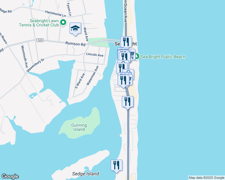 map of restaurants, bars, coffee shops, grocery stores, and more near 6 West Front Street in Sea Bright