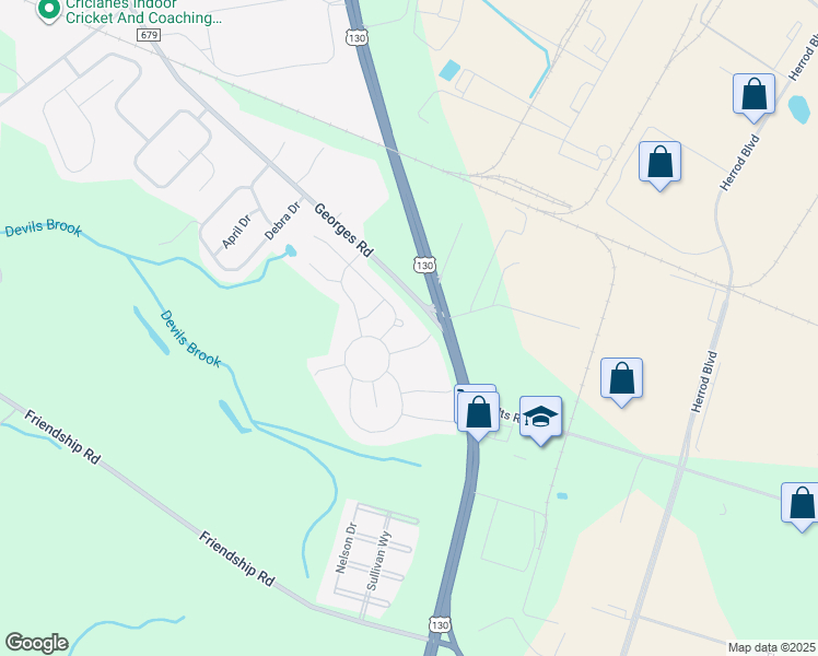 map of restaurants, bars, coffee shops, grocery stores, and more near 10 Pebble Creek Road in South Brunswick Township