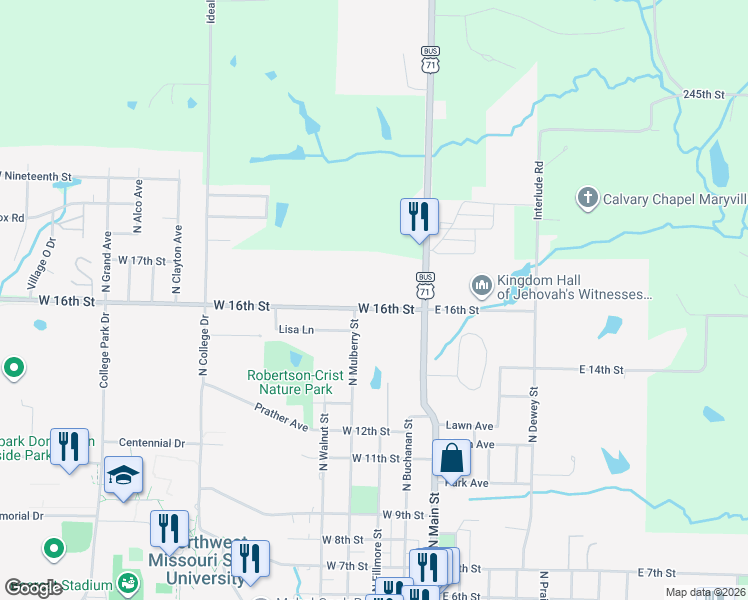 map of restaurants, bars, coffee shops, grocery stores, and more near 229 West 16th Street in Maryville