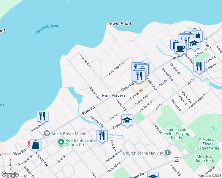 map of restaurants, bars, coffee shops, grocery stores, and more near 95 Hance Road in Fair Haven