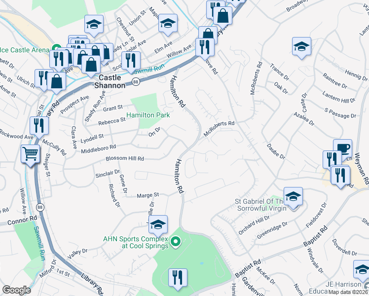 map of restaurants, bars, coffee shops, grocery stores, and more near 3511 Middleboro Road in Pittsburgh