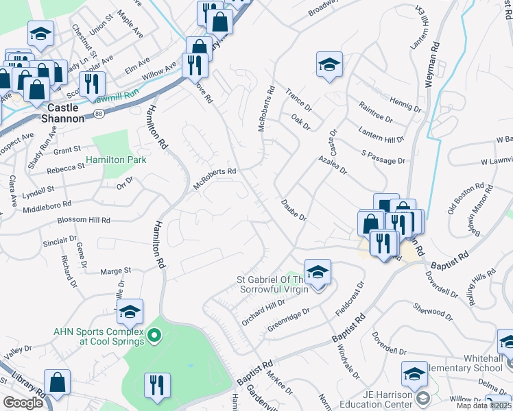 map of restaurants, bars, coffee shops, grocery stores, and more near 5018 Grove Road in Pittsburgh