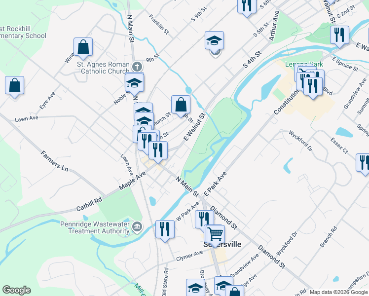 map of restaurants, bars, coffee shops, grocery stores, and more near 124 East Walnut Street in Sellersville