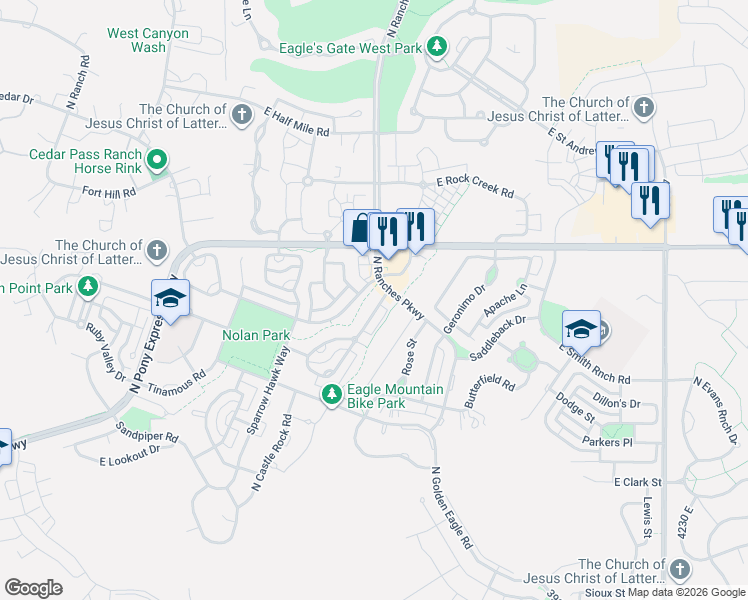 map of restaurants, bars, coffee shops, grocery stores, and more near 7881 North Windhover Road in Eagle Mountain