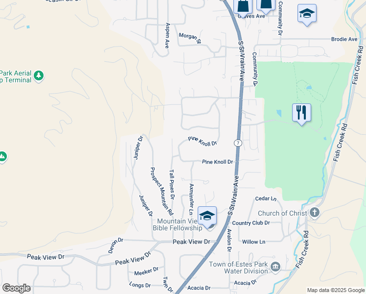 map of restaurants, bars, coffee shops, grocery stores, and more near 1049 Pine Knoll Drive in Estes Park