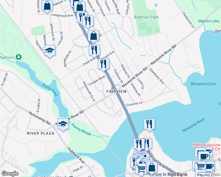 map of restaurants, bars, coffee shops, grocery stores, and more near 11 Wilson Circle East in Red Bank