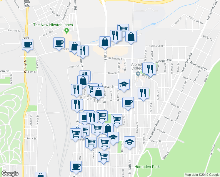 map of restaurants, bars, coffee shops, grocery stores, and more near 1114 Exeter Street in Reading