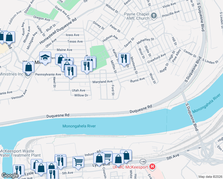 map of restaurants, bars, coffee shops, grocery stores, and more near 410 Ford Street in West Mifflin