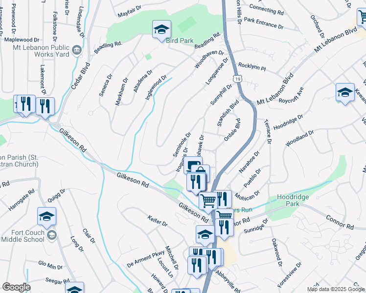 map of restaurants, bars, coffee shops, grocery stores, and more near 174 Seminole Drive in Pittsburgh