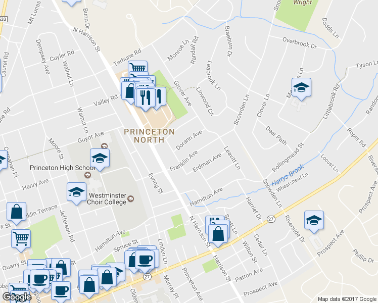 map of restaurants, bars, coffee shops, grocery stores, and more near 360 Franklin Avenue in Princeton