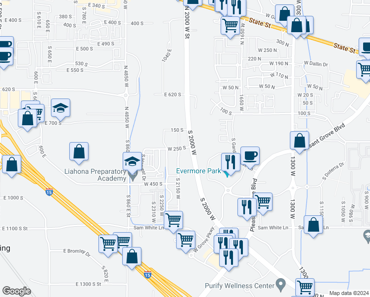 map of restaurants, bars, coffee shops, grocery stores, and more near 265 North 2000 West Street in Lindon