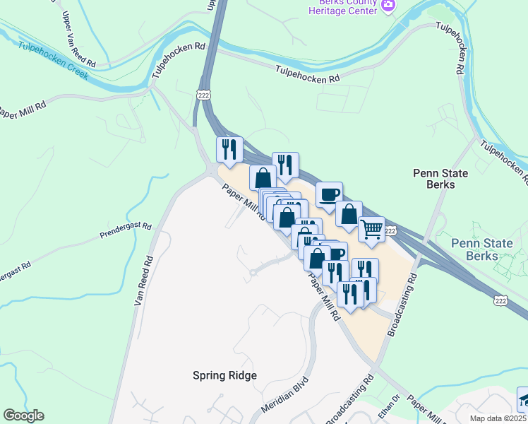 map of restaurants, bars, coffee shops, grocery stores, and more near 2700 Paper Mill Road in Reading