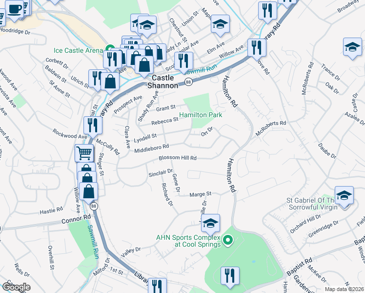 map of restaurants, bars, coffee shops, grocery stores, and more near 3679 Middleboro Road in Pittsburgh