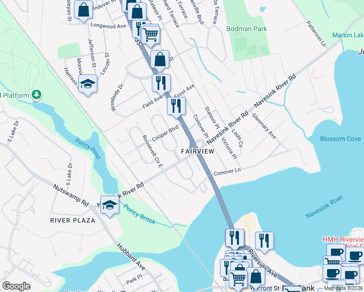 map of restaurants, bars, coffee shops, grocery stores, and more near 11 Wilson Circle East in Red Bank
