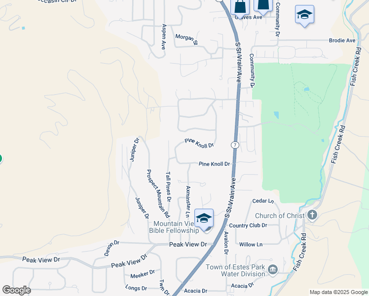 map of restaurants, bars, coffee shops, grocery stores, and more near 1049 Pine Knoll Drive in Estes Park