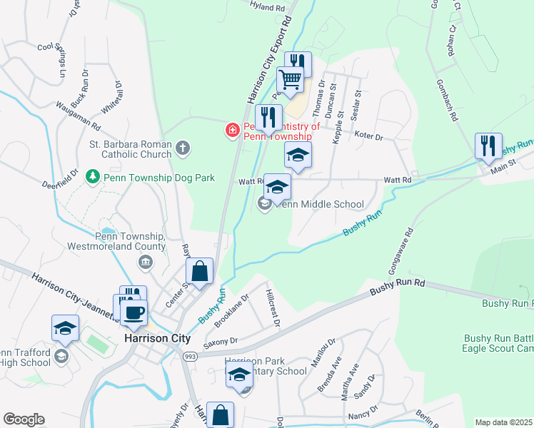 map of restaurants, bars, coffee shops, grocery stores, and more near 11 Penn Middle Way in Jeannette