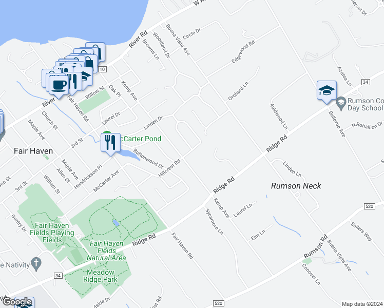 map of restaurants, bars, coffee shops, grocery stores, and more near 26 Hillcrest Road in Fair Haven