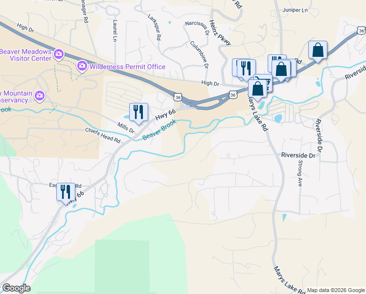 map of restaurants, bars, coffee shops, grocery stores, and more near 1475 Lower Broadview Road in Estes Park