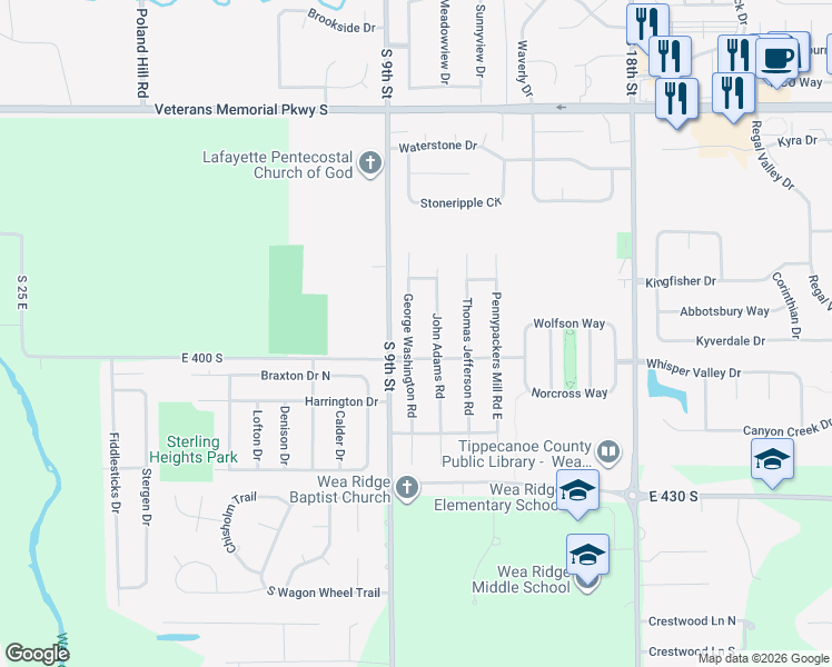 map of restaurants, bars, coffee shops, grocery stores, and more near 3923 George Washington Road in Lafayette