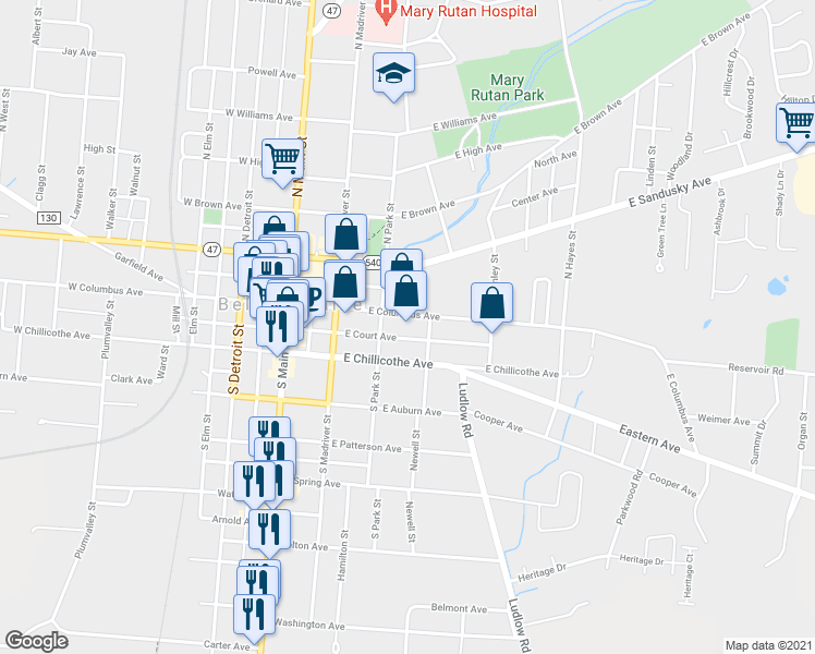 map of restaurants, bars, coffee shops, grocery stores, and more near 338 East Columbus Avenue in Bellefontaine
