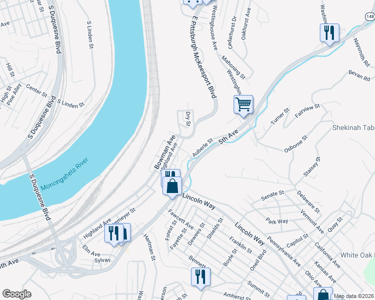 map of restaurants, bars, coffee shops, grocery stores, and more near 507 Lime Street in McKeesport