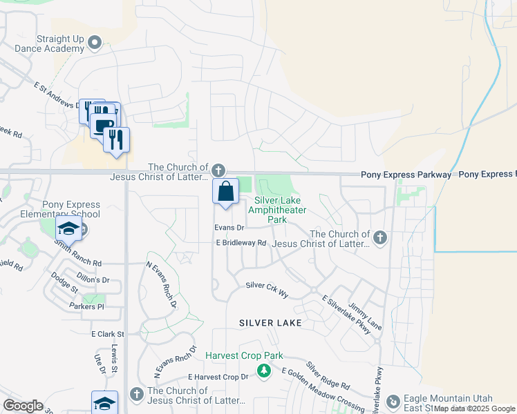 map of restaurants, bars, coffee shops, grocery stores, and more near 7895 Silverlake Parkway in Eagle Mountain