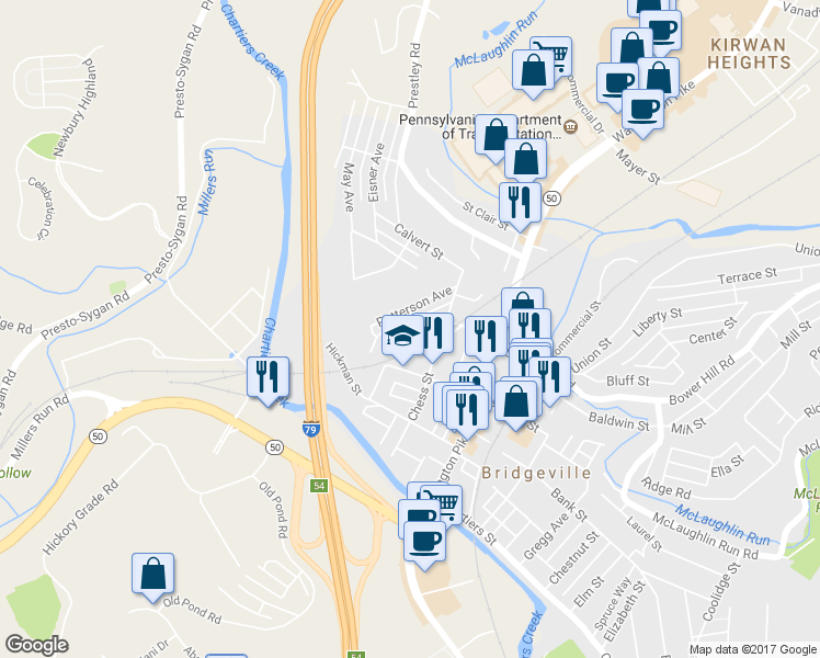 map of restaurants, bars, coffee shops, grocery stores, and more near 225 Ramsey Avenue in Bridgeville
