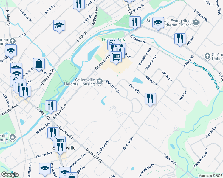 map of restaurants, bars, coffee shops, grocery stores, and more near 383 Essex Court in Perkasie