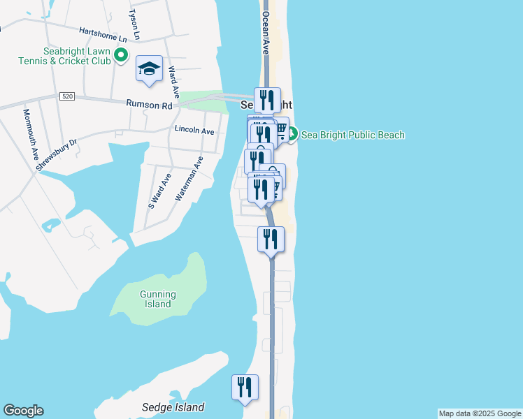map of restaurants, bars, coffee shops, grocery stores, and more near 1136 Ocean Avenue in Sea Bright