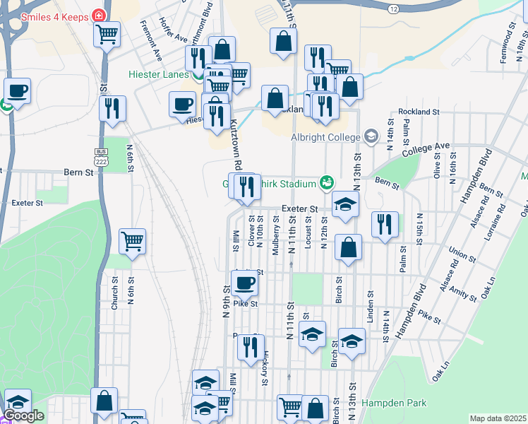 map of restaurants, bars, coffee shops, grocery stores, and more near 1663 North 10th Street in Reading