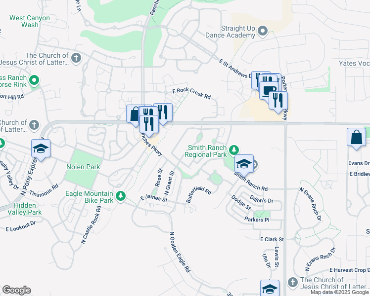 map of restaurants, bars, coffee shops, grocery stores, and more near 7883 Geronimo Drive in Eagle Mountain