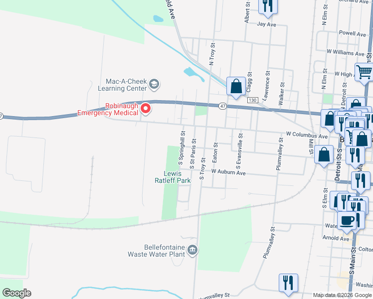 map of restaurants, bars, coffee shops, grocery stores, and more near 1009 West Chillicothe Avenue in Bellefontaine
